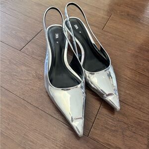 Zara Silver Slingback Heels with Pointed Toes